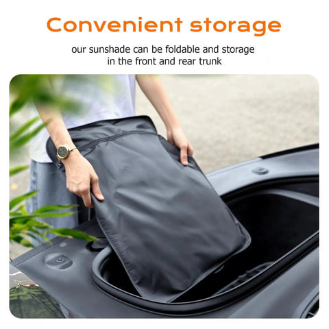 Nano Reflective Sunshade For Model Y 2025 2026 Heat Insulation UV Protection shown being stored in car trunk