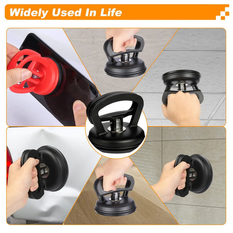 Comprehensive Dent Puller Kit For Cars Three Pack Paintless Dent Repair With Strong Suction Cups Auto Body Dents Fix Easy Grip Ergonomic Handles Gray Black Anatason showing suction cups in use on various surfaces.