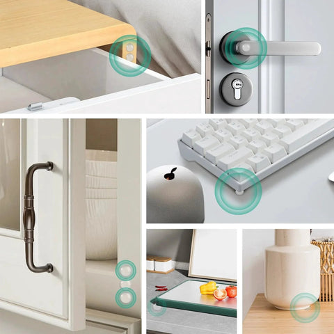 100 Pieces Clear Self Adhesive Cabinet Door Bumpers 0.4 Inch Diameter Rubber Dots shown in use on various surfaces for noise damping