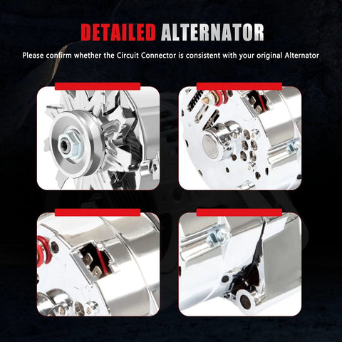 Chrome 1 Wire Self Exciting Alternator For Hot Rod GM Small Block V8 305 350 Chrome Finish Street Ready Upgrade Replaces ADR0335 C 240 203 3DC 7127 SE105C 400 12395 1 2400 11DR 2 in detailed view showing design and connectors.