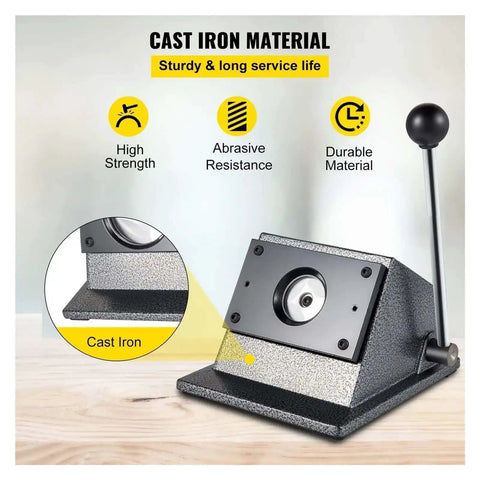 Beefy Round Punch Die Cutter One And A Quarter Inch 32mm Cast Iron Manual Punch Press for badges with carbon steel blade displayed on table