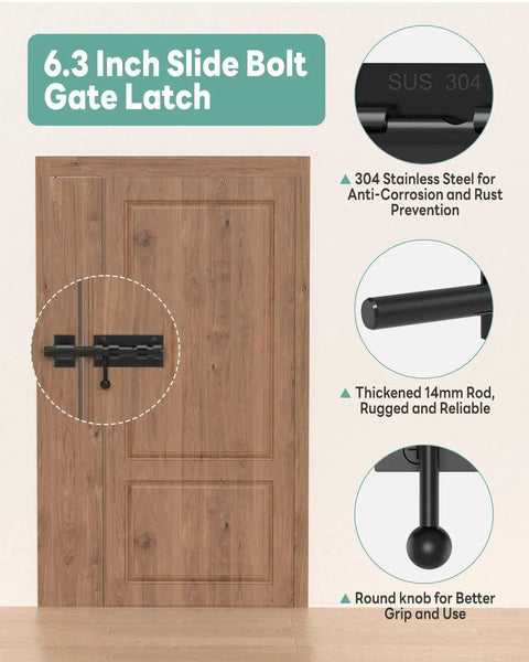 304 Stainless Steel Slide Bolt Gate Latch, 6.3 Inch Sliding Barrel Bolt Door Lock shown installed on a wooden door with close-up details.