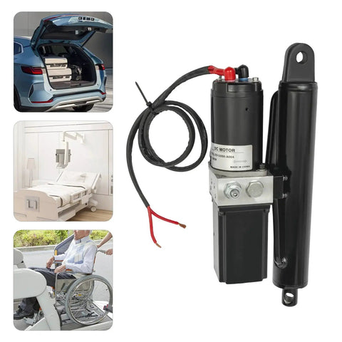 12V heavy-duty hydraulic linear actuator in black with mounting lug and wiring