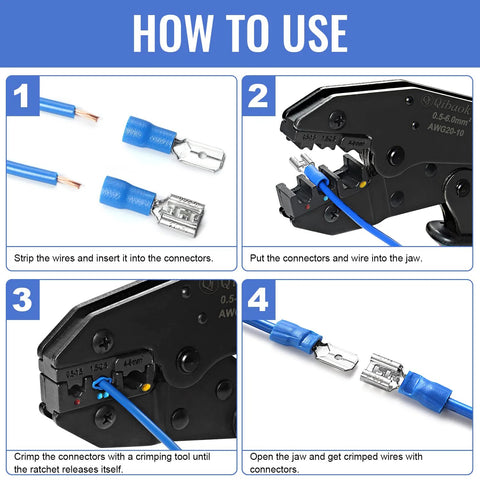 Qibaok insulated copper wire connectors kit; blue, red, yellow terminals with four-panel strip/crimp/install instructions.