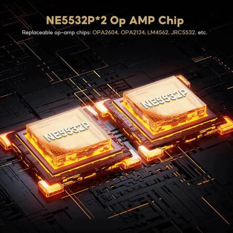Close-up of NE5532P Op Amp chips used in TPA3255 Class D Stereo Amplifier 300W Per Channel X2 HiFi Beefy Power Amp for desktop speakers.