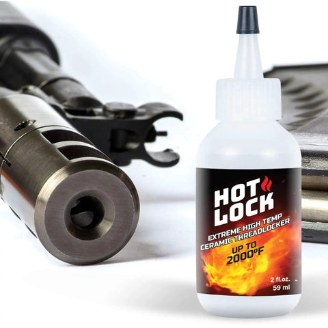 Extreme Temperature Threadlocker For Muzzle Brakes Recoil Compensators Suppressors And Turbocharger Fasteners With Ceramic Based Formula Water Soluble For Easy Removal Vibra-TITE 19960 Hot Lock Translucent High Temperature, 2 fl oz bottle next to firearm component.
