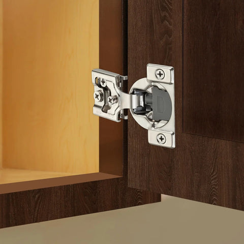 Home Expert satin-nickel 1/2 in overlay soft-close cabinet hinge on a face-frame kitchen cabinet door