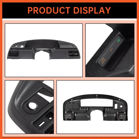 Ford Bronco And F Series Dash Panel Bezel Replacement 1992 1997 Gas Engine, black ABS, front and close-up views