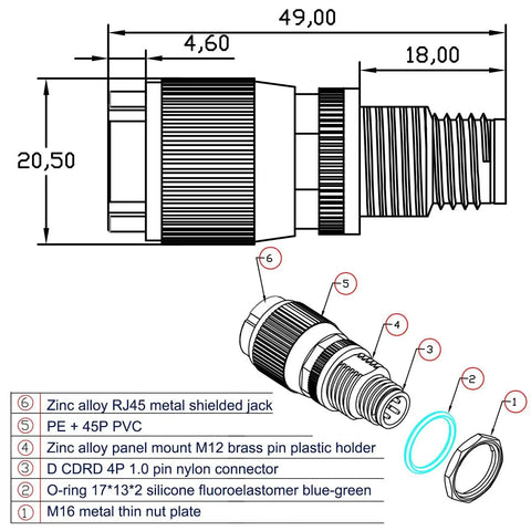 Technical diagram of M12 to RJ45 10Gbps Ethernet adapter showing dimensions and components details for industrial and outdoor use.