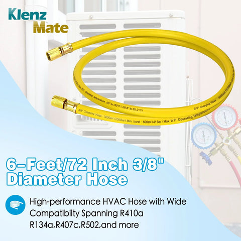 HVAC vacuum hose, yellow, 6 ft (72 in) long, 3/8 in diameter with brass flare fittings