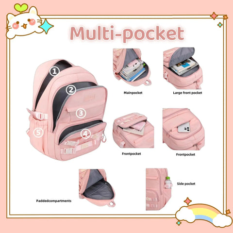 Kids Rolling Backpack With Wheels Trolley School Bag For Girls And Boys showing multiple pockets, pink color, fits A4 books and accessories
