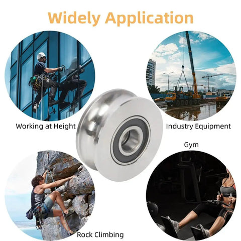 U Groove Ball Bearing Pulley for Steel Wire Rope 12mm inner diameter, 50mm outer diameter, 7.5mm groove depth shown with applications