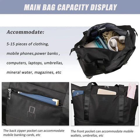 Durable Duffle Bag With Wheels For Travel Foldable And Expandable showcasing open compartments filled with clothing, electronics, and accessories.