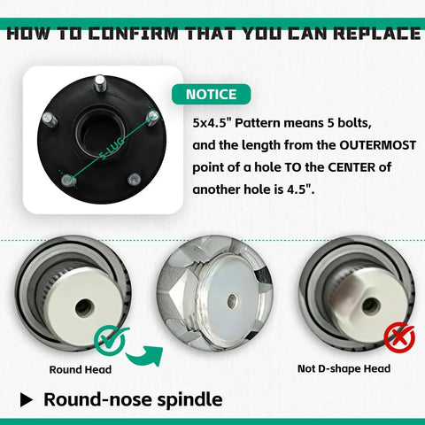 Two Pack Heavy Duty Trailer Hub Bearing Kit 5x4.5 5 Lug Fits 1 In And 1-1/16 In Straight Spindles Not For Tapered Spindles 2000 Lb Capacity Boat Trailer Axle Hub Kit With Two Hubs with spindle type confirmation graphic