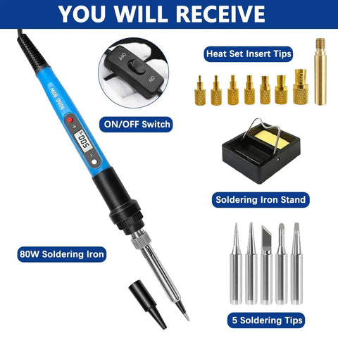 Heavy Duty Soldering Iron Kit With Heat Set Insert Tool 80W 110V LCD Digital Temperature Control 16 In 1 Soldering Kit