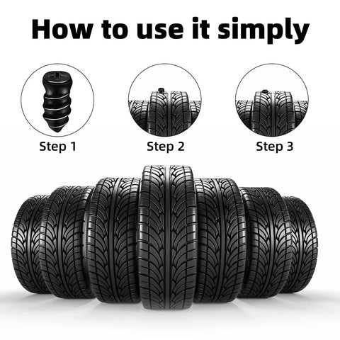60 Pack Tire Repair Nails Rubber Plugs Self Service Kit For Auto Motorcycle Car Truck Tractor Includes 30 Small 30 Large Plugs In Sizes 5.3x12mm And 6.8x15mm For Quick Puncture Repairs On The Go showing usage steps with tires.