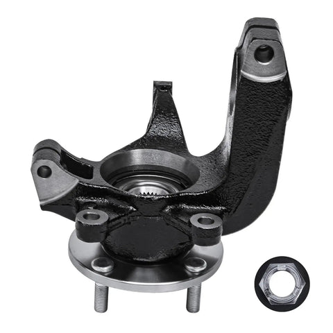 Front Left Steering Knuckle With Wheel Hub Bearing Assembly For Ford Focus 2006 2011 Driver Side Replacement Kit Complete Knuckle And Hub No Fuss Install OEM Quality Drop In Fit For 2007 2008 2009 2010 Models product image showing a black metal steering knuckle with wheel hub and bearing, designed to fit certain Ford Focus models.