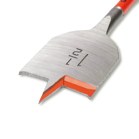 Close-up of Built Tough Flat Spade Drill Bit For Fast Chip Removal And Aggressive Cuts, 6 Inch Length, One And One Half Inch Diameter