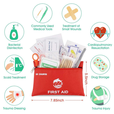 Compact 87 Piece Travel First Aid Kit for Home, Car, Camping, Outdoors and Work, red nylon case with medical essentials visible