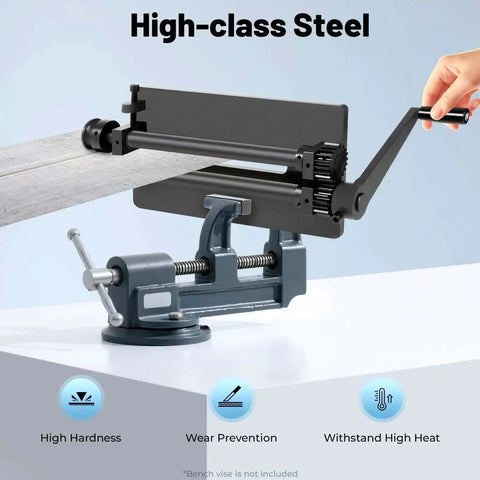 Heavy Duty Gear Driven Sheet Metal Bead Roller Machine With 12 Inch Bench And 6 Die Set shown in use with metal sheet