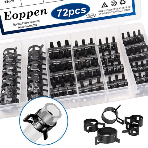 Eoppen 72pcs spring hose clamp set for automotive use, six sizes (7–18mm), black clamps.