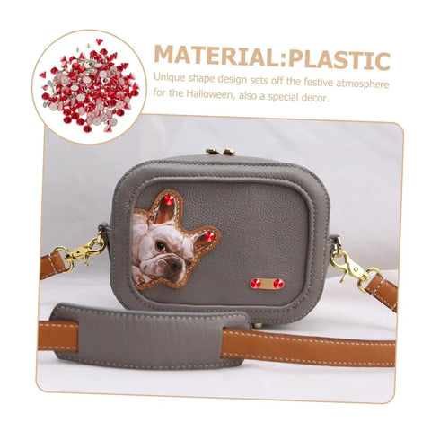 Plastic Decorative Rivet Stud Kit For Clothing And Bags DIY Rivets Buckle Set displayed on a gray bag with plastic studs.