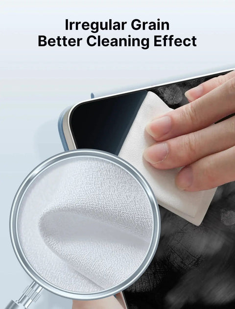Person cleaning phone screen with Microfiber Cleaning Cloth Pack 100 For Glasses Screens Cameras Phones Switch