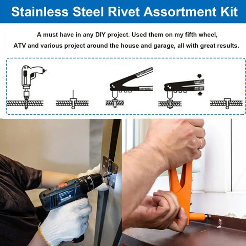 Person using 110 Piece Stainless Steel Blind Rivet Kit With Seven Sizes In A Labeled Organizer for assembly tasks