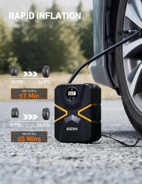 Portable 12V Tire Inflator With Digital Gauge And Auto Shutoff Preset To 150 PSI For Cars Motorcycles Bicycles And Inflatables On The Go Built In Quick Connect Nozzle AstroAI beside a car tire showing inflation progress.