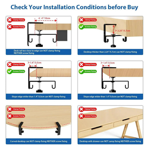 Installation guide for No Drill Under Desk Cable Management Tray 30 Inch Cord Organizer with table clamp or screw mount options.