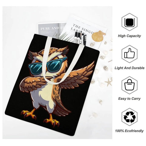 Cool Owl Wearing Sunglasses Canvas Tote Bag For Women Reusable Shoulder Bag for Grocery Shopping Work Daily Travel and Vacation