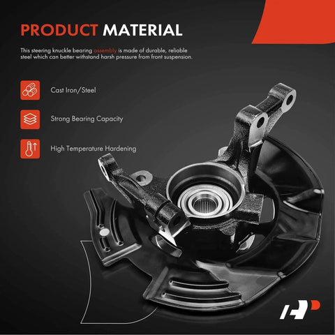 Front Left Steering Knuckle And Wheel Bearing Hub Assembly For Hyundai Sonata 2011 2012 2013 2 0 L Driver Side Without Sport Suspension OEM Grade Replacement Easy Install Fits Like A Dream, steel material, black finish, close-up.