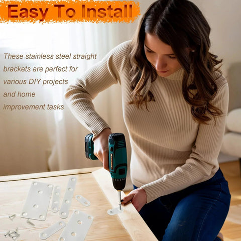 Woman installing Stainless Steel Flat Mending Plates 3.94 Inches By 1.93 Inches Four Pack Heavy Duty Straight Brackets on wood