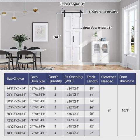Diagram showing installed White Bifold Barn Door For Closet With Solid MDF Build And Waterproof PVC Surface, 30x84 Double Panel