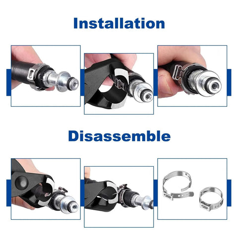 55 Pcs Single Ear Hose Clamps 10.8mm To 13.3mm 304 Stainless Steel Crimp Clamps installation and disassembly steps shown