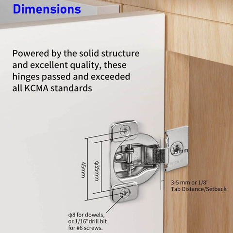 Close-up of installed adjustable stainless steel cabinet hinge with 9x9 mm mounting holes for precise alignment on a wooden cabinet.