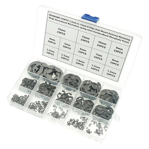 525 Piece E Clips And Retaining Rings Kit, 14 Metric Sizes Side Mount External Retaining Rings 1.2mm To 15mm Diameter, Carbon Steel With Black Phosphate Finish, Heavy Duty DIY Gear For Shafts And Machinery, shown in open plastic case with labeled compartments.