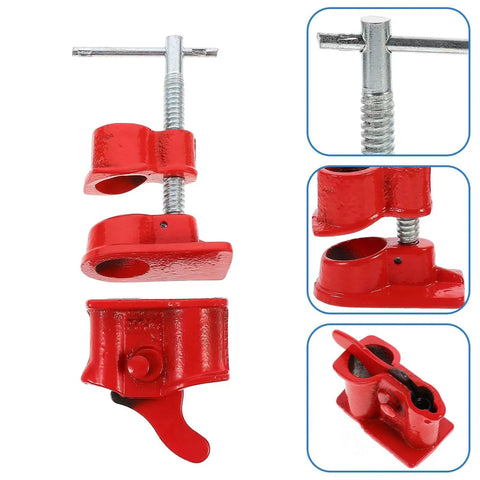 Lightweight Half Inch Red Pipe Clamp For Woodworking, Quick Release Workholding Clamp For Pex And PVC Pipes, Adjustable C Shaped G Clamp, Rustproof Durable Tool For Safe Secure Glue Ups; front and side views showing clamp details