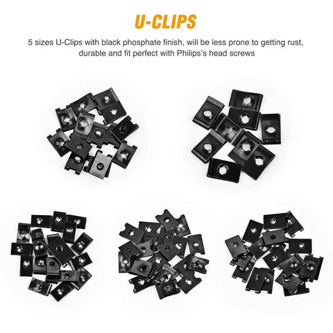 Assorted 5 sizes black U-clips from 170 Piece Car U Clip And Screw Kit With 9 Sizes For Universal Auto Interior Dash Door Panel Replacement Parts U Nuts Fasteners And Clips For Repair DIY Projects