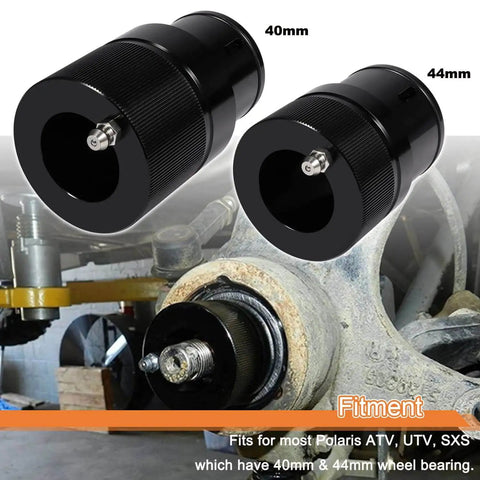 40mm And 44mm Front And Rear Wheel Bearing Greaser Tool Kit For Polaris ATV UTV SXS showing tools and application on wheel bearing