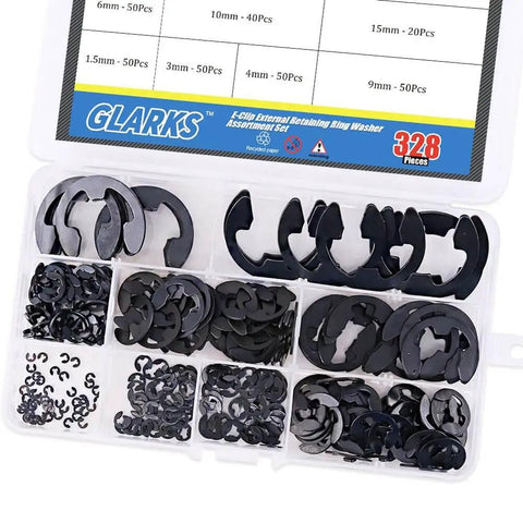 Heavy Duty Black Alloy Steel External E Clip Retaining Ring Washer Set 328 Piece Set Nine Sizes Built To Last With Heat Treated Tough Tensile Strength Includes 1.5mm 3mm 4mm And More For Automotive Machinery And DIY Projects in plastic organizer