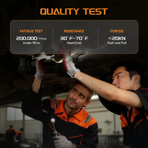 Two mechanics testing front lower control arm with ball joint on vehicle, focusing on durability and compatibility from 2007 to 2017.