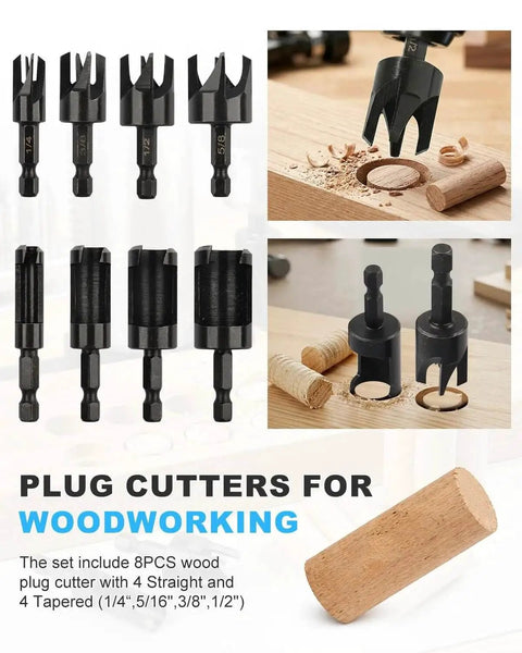 Durable Wood Plug Cutter Set For DIYers And Pros, 8 Pack With Straight And Tapered Bits in 1/4, 3/8, 1/2, And 5/8 Inch Hex Shank, Black Finish Rocaris