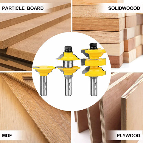 Three Piece One Half Inch Shank Router Extension Tenon Drill Bit Set For Entry Door Rails And Door Frames with wood board samples