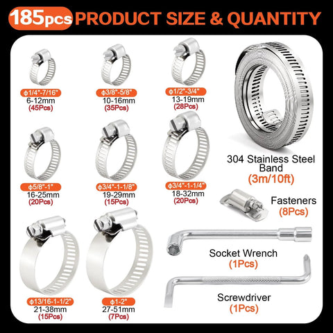 185-piece stainless steel worm gear clamps set with 3m/10ft 304 band; includes fasteners and tools