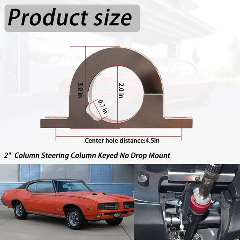 Front view of Universal 2 Inch Steering Column Drop Mount Keyed Polished Aluminum Clamp showing product dimensions and car installation.