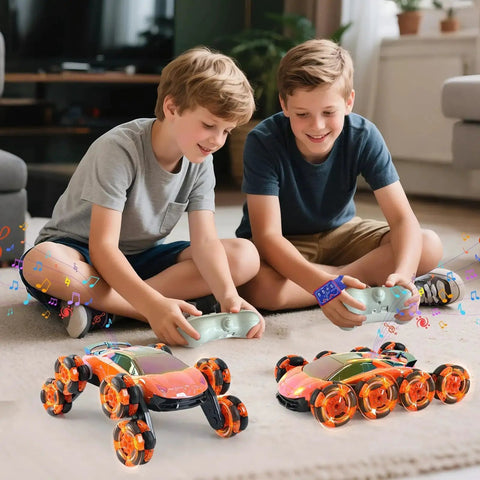 Kids playing with 8 Wheel Gesture Sensing RC Stunt Car With 360 Degree Flips And Dual Sided Off Road Driving Lights And Music Remote Control Vehicle For Kids Ages 6 7 8 9 10 11 12 A Rad Birthday Gift From QPOU on a carpet