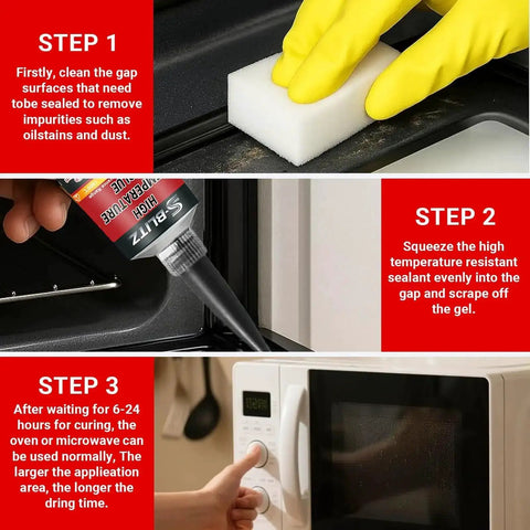 Heat Resistant Silicone Sealant 2 Pack 50ml Each for Oven Doors and Glass Cooktops application steps shown in three images.