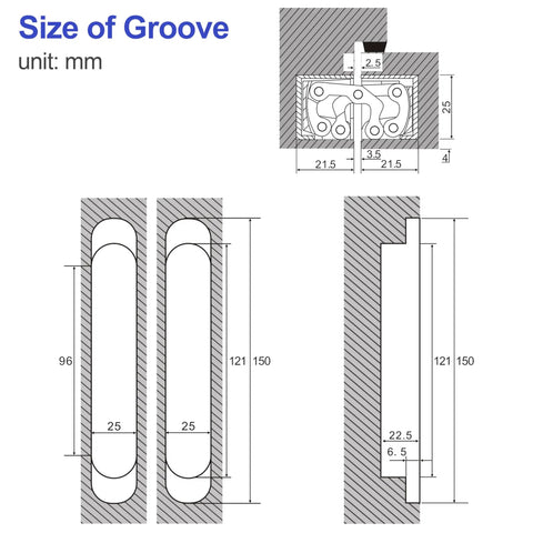 Technical diagram showing dimensions of 2 Pack 6 Inch Hidden Door Hinges For Doors Concealed Invisible Hinges With 180 Degree Swing Heavy Duty 3 Way Adjustable Silver XMZ DDUP Built To Last Durable Door Hardware For Residential And Commercial Use.