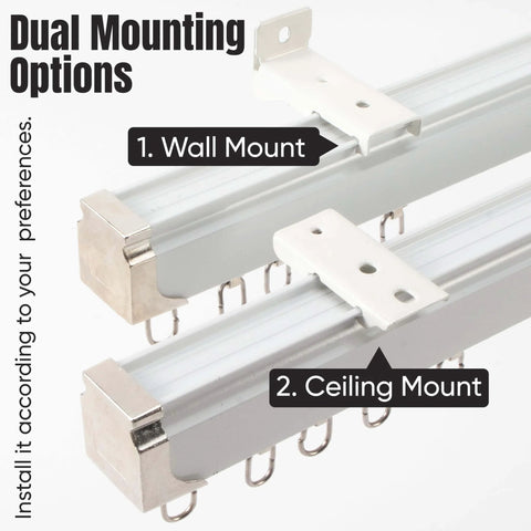 Heavy Duty Ceiling Curtain Track Set With Ceiling And Wall Mounts, showing wall and ceiling mount options in premium aluminum